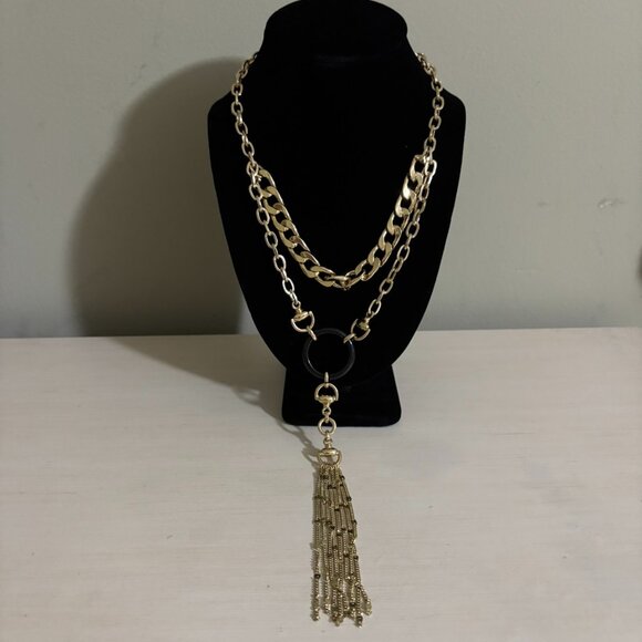 Chico's Gold Chain Black Ring Tassel Pendant Adjustable Necklace - Picture 2 of 4